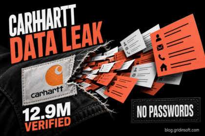A torn Carhartt workwear label releases contact cards representing exposed names, emails, phone numbers, and addresses.