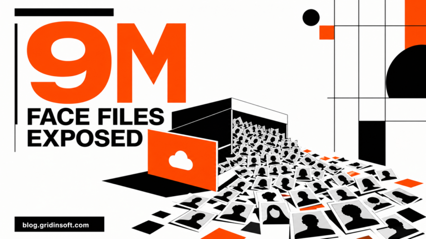 An open cloud archive spills anonymous face-image files beside the number 9M.