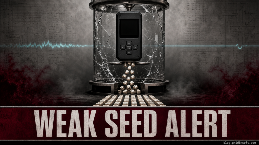A generic hardware wallet inside a cracked entropy chamber above dice falling into a predictable pattern.