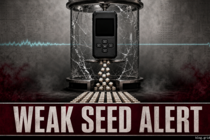 A generic hardware wallet inside a cracked entropy chamber above dice falling into a predictable pattern.