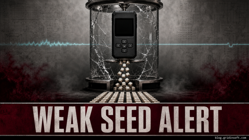 Coldcard Seed Flaw: Update Firmware and Move Funds 1 A generic hardware wallet inside a cracked entropy chamber above dice falling into a predictable pattern.