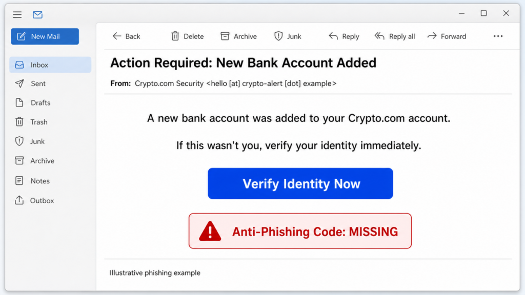 Crypto.com Phishing Email: Fake Bank Alerts and Calls 2 Illustrative Crypto.com phishing email claiming that a new bank account was added and showing a missing Anti-Phishing Code.