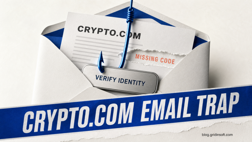 Crypto.com Phishing Email: Fake Bank Alerts and Calls 1 An email envelope caught on a phishing hook beside a missing anti-phishing code warning.