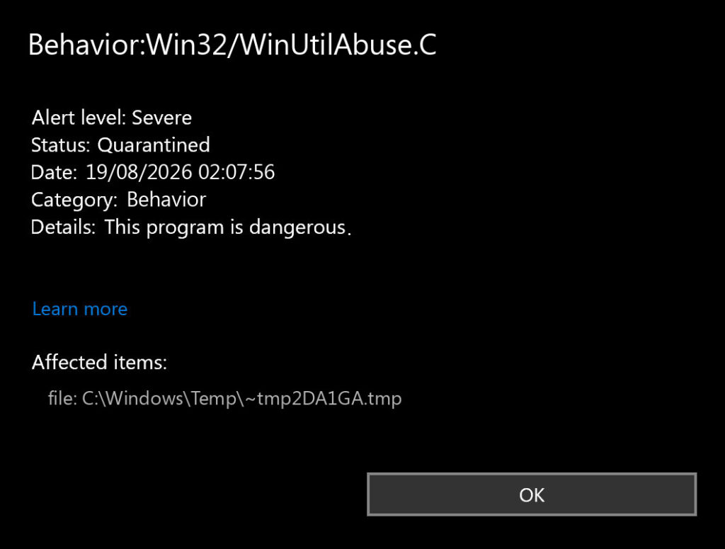 Behavior:Win32/WinUtilAbuse.C: Check, Remove, or Restore? 2 Microsoft Defender alert for Behavior:Win32/WinUtilAbuse.C showing the item quarantined.