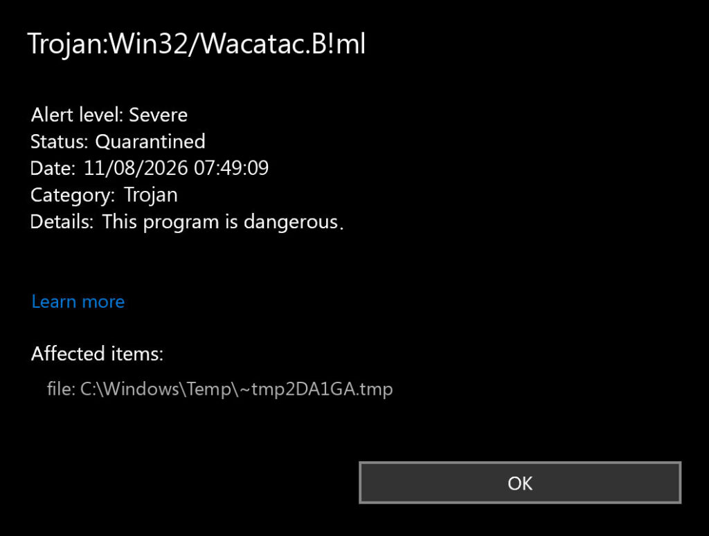 Microsoft Defender alert for Trojan:Win32/Wacatac.B!ml showing the item quarantined.