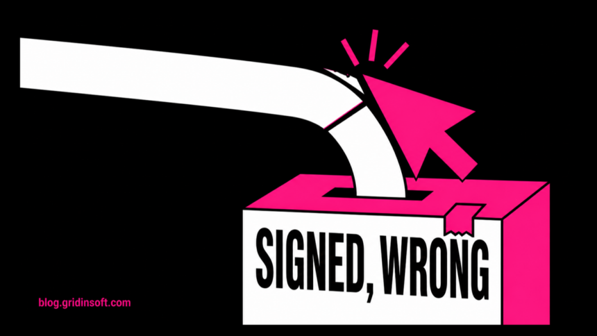 A mouse cursor bends a trusted download path into a different signed installer.