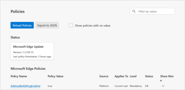 SmartScreen for Microsoft Edge Grayed Out: How to Fix It Safely 2 Microsoft Edge policy page showing policy value, source, scope, level, and status