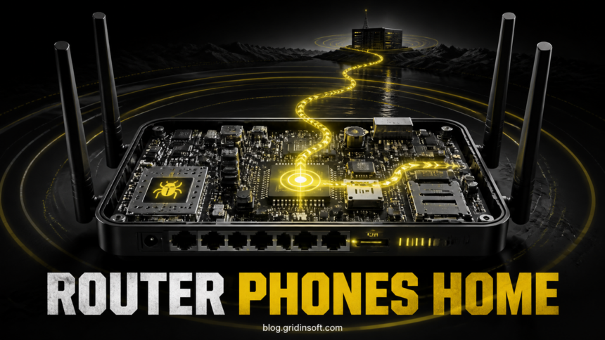 An opened cellular router sending an outbound signal to a remote server, illustrating the ENDLESSDOORS firmware backdoor.