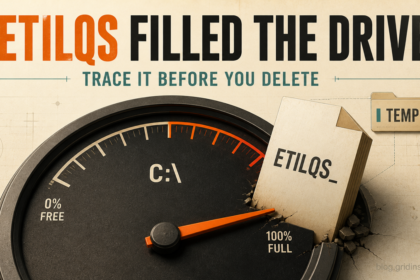 A large etilqs temporary database file filling the Windows C drive capacity gauge.