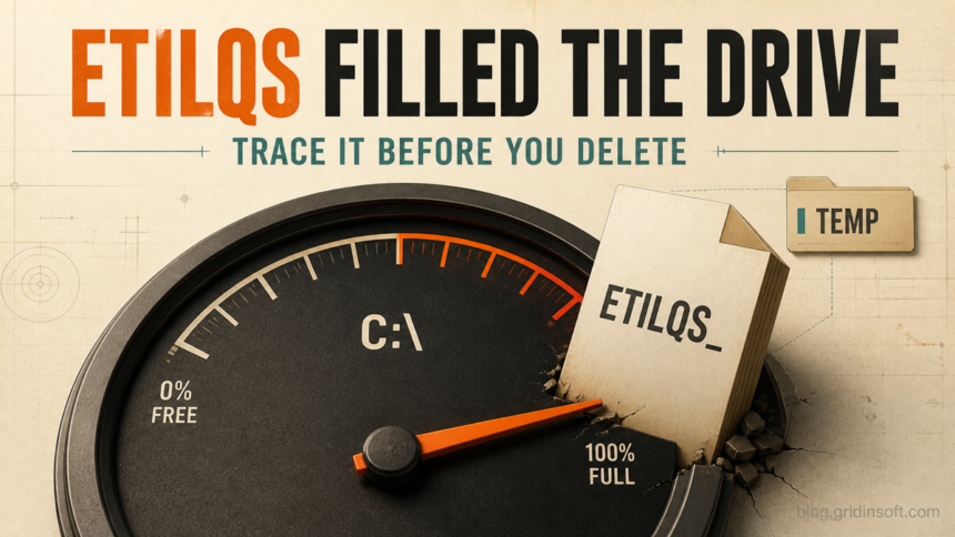 A large etilqs temporary database file filling the Windows C drive capacity gauge.