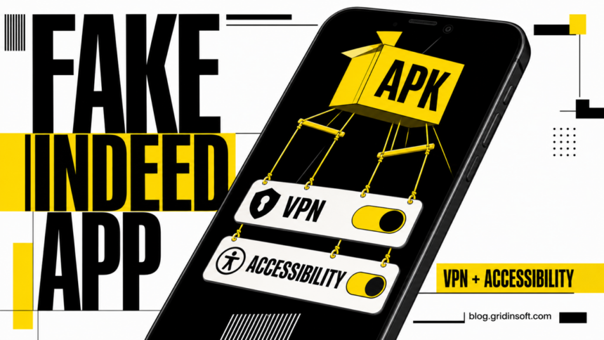 Fake Indeed interview APK pulling Android VPN and Accessibility controls.