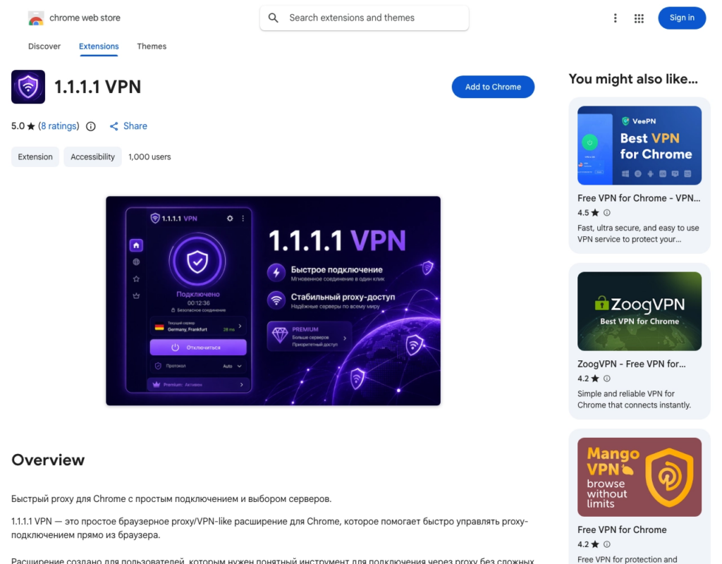 Chrome Web Store listing for a fake 1.1.1.1 VPN extension impersonating Cloudflare.