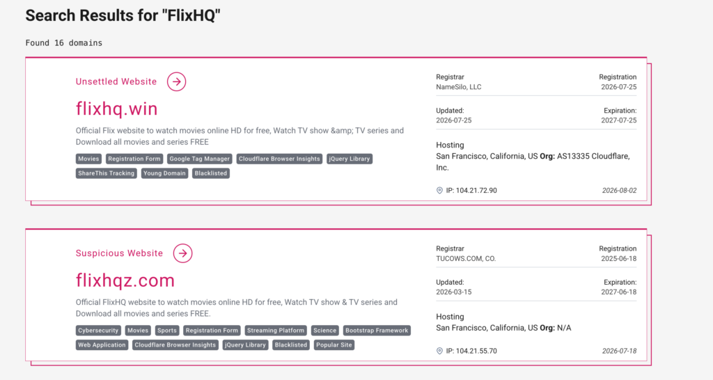 Is FlixHQ Safe? Domains, Apps, Pop-Ups, and Recovery 2 Gridinsoft Inspector search showing 16 FlixHQ-related domain reports.