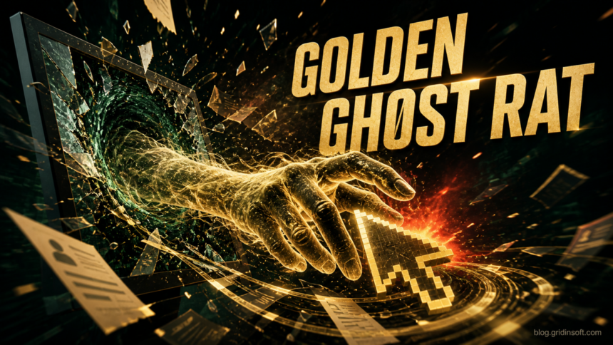 A Golden Gh0st RAT remote-access breach bursting through a business computer screen.
