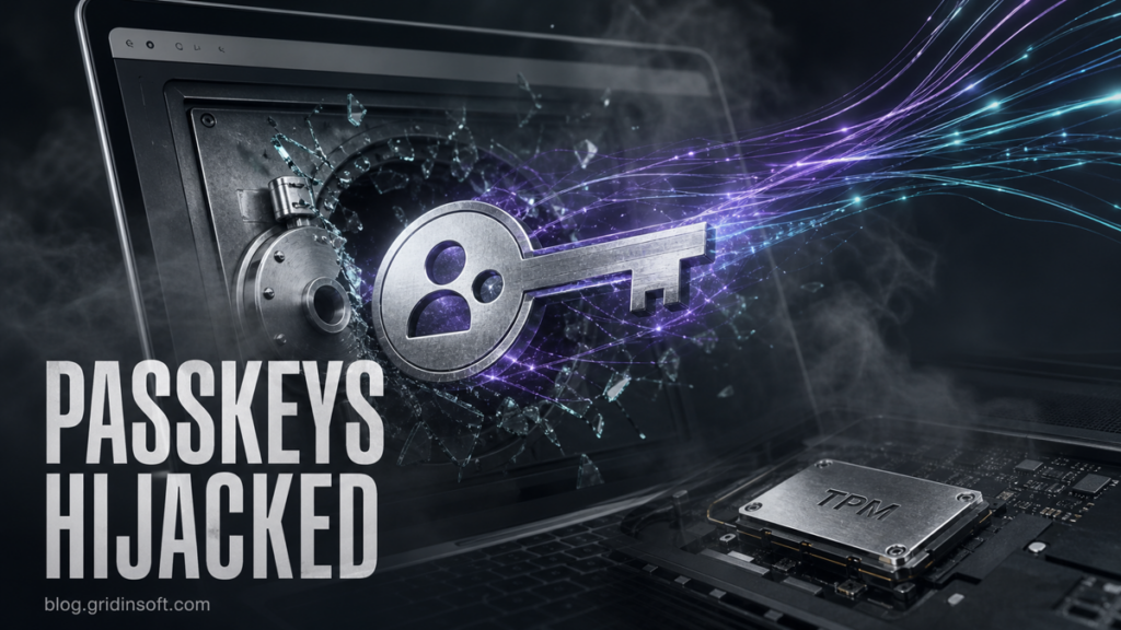 Malware hijacking a synchronized Google passkey from a compromised Windows computer.