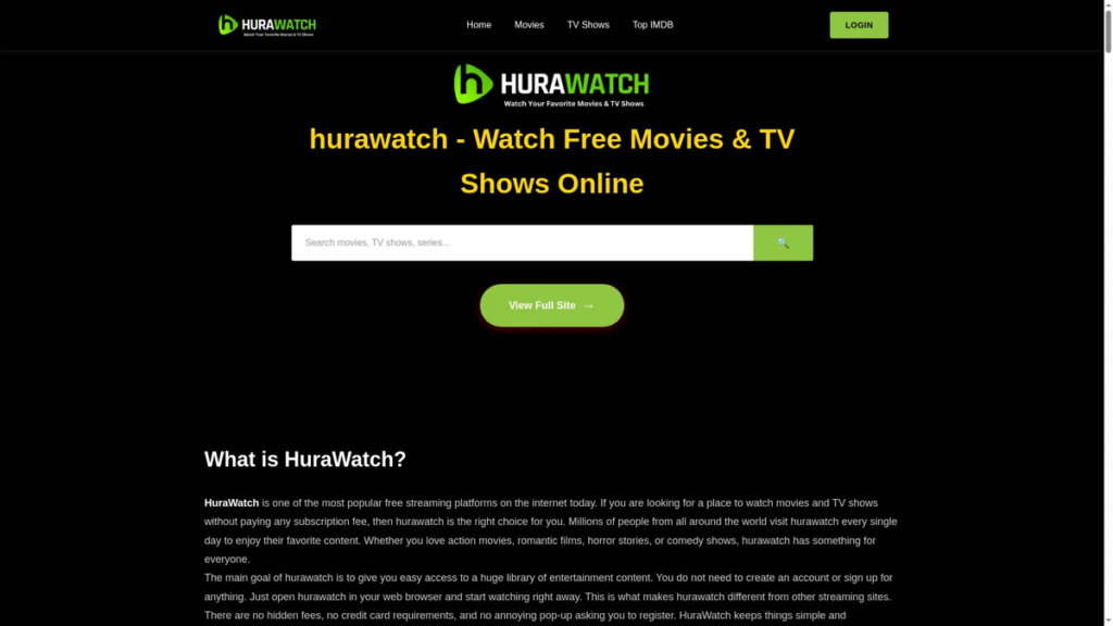 Hurawatch.sx website screenshot with black background, green branding, search, navigation, and login controls.