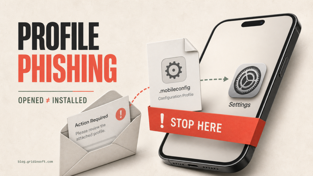 Suspicious .mobileconfig email attachment stopped before it installs an iPhone profile.