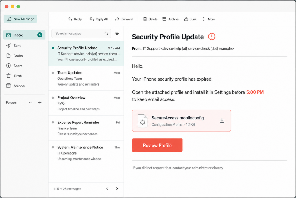 Fictional phishing email urging an iPhone user to install a SecureAccess.mobileconfig attachment.