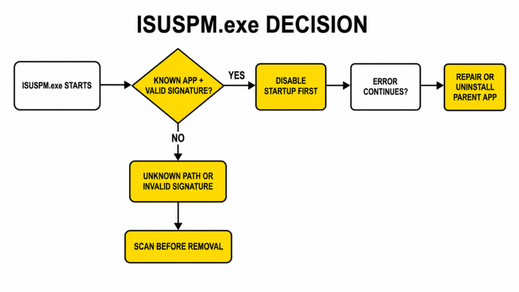 ISUSPM.exe decision flow for disabling startup, repairing the parent app, or scanning a suspicious copy
