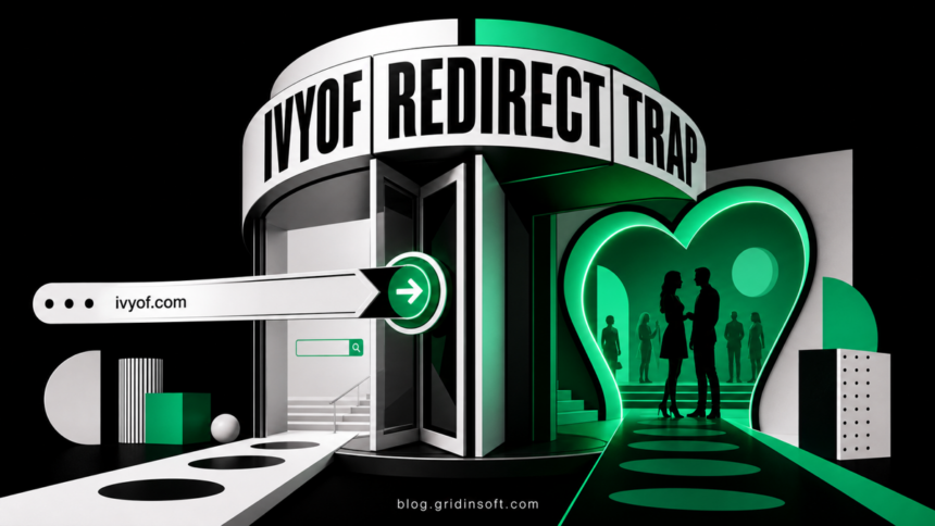 Ivyof.com entering a revolving redirect doorway that opens to a dating page.
