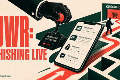 A criminal operator steers a phone through a JWR phishing checkout maze.