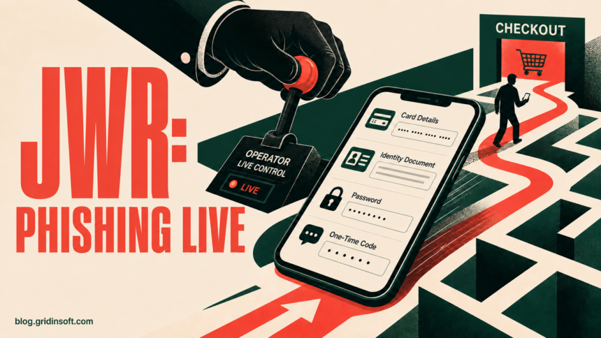 A criminal operator steers a phone through a JWR phishing checkout maze.