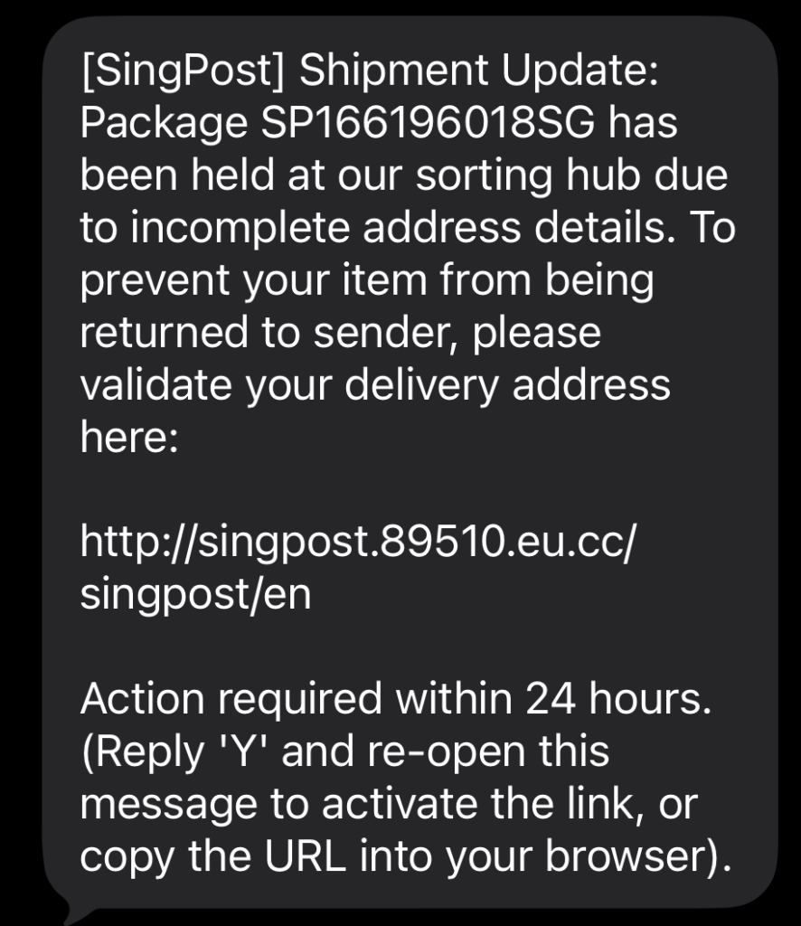A parcel-delivery phishing text asks the recipient to open a link and validate an address.