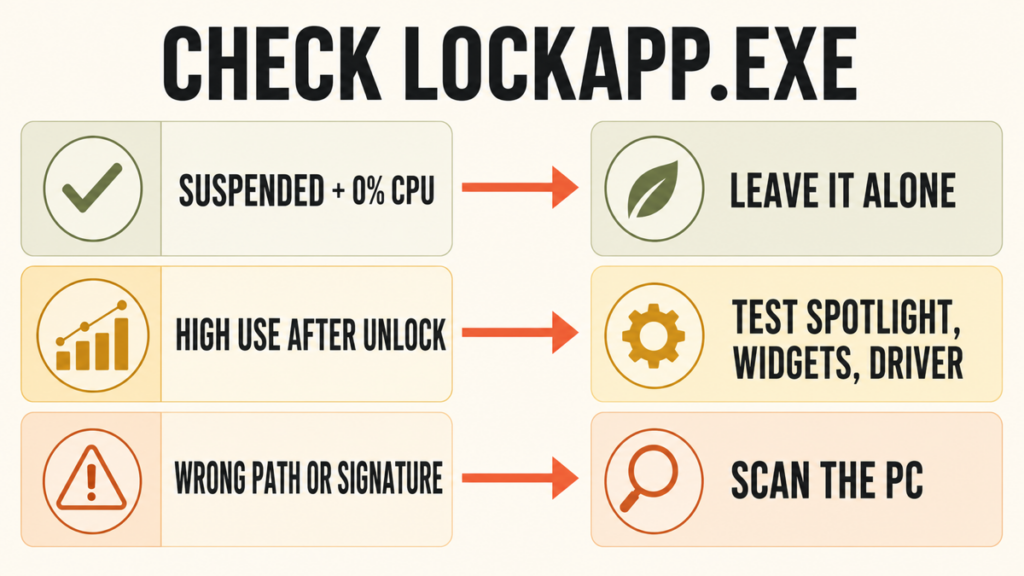 LockApp.exe suspended, persistent activity, and wrong-path decision flow