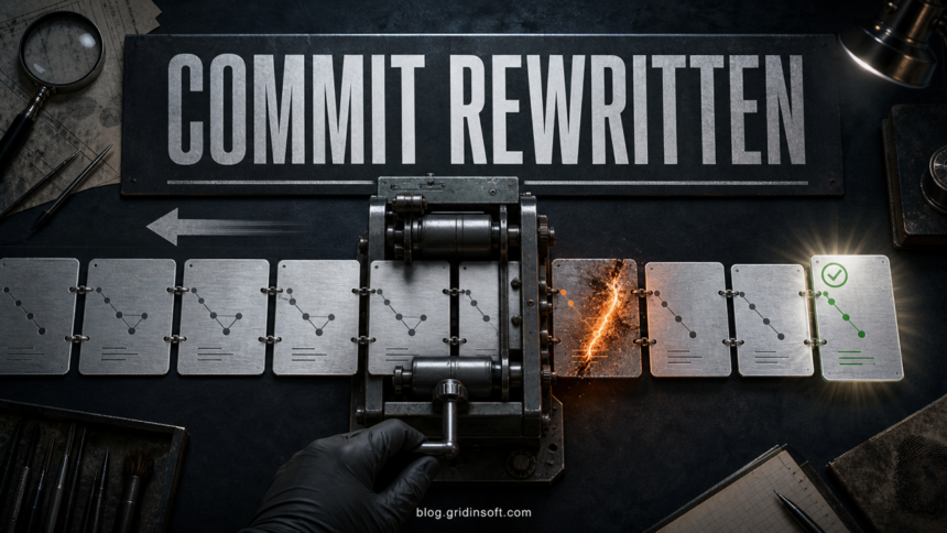Git commit history being rewound and overwritten by malware.