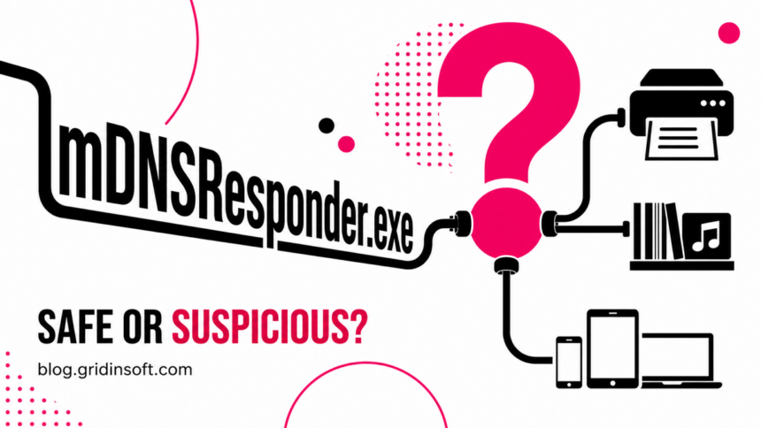 mDNSResponder.exe cable routes through a question mark to printers, media, and local devices.