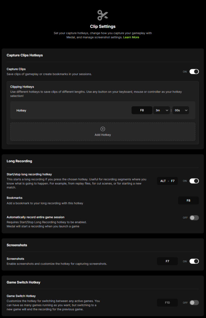 Is Medal Safe? Virus Alerts, Recording, and Privacy Checks 2 Medal Clip Settings showing capture, hotkey, long-recording, and screenshot controls.