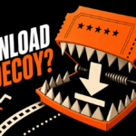 Movie download ticket turning into a trap around a download arrow.