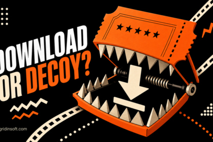 Movie download ticket turning into a trap around a download arrow.
