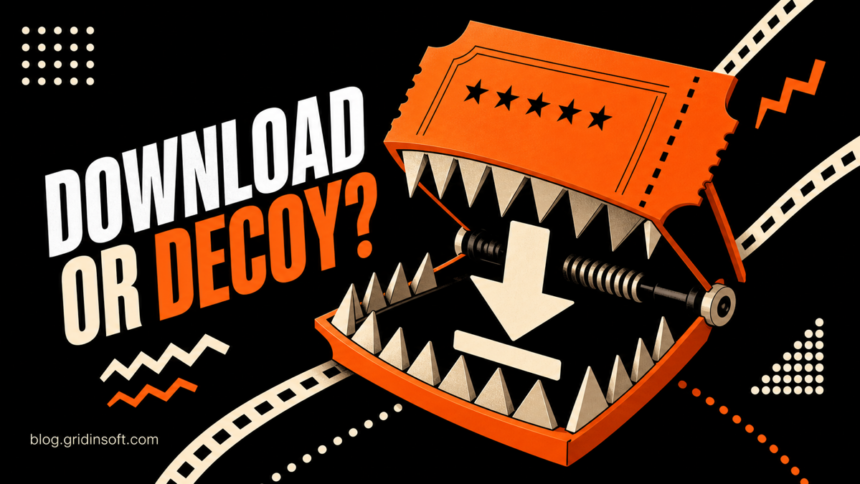 Movie download ticket turning into a trap around a download arrow.
