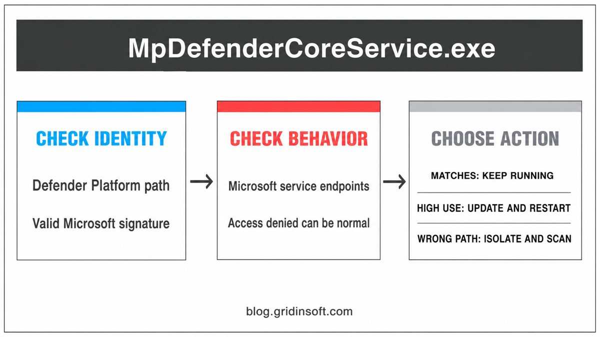 MpDefenderCoreService.exe: Is It Safe and Why Is It Online? 2 MpDefenderCoreService.exe decision flow using path, signature, behavior, and file location.