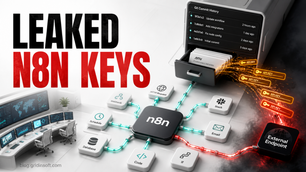 An n8n automation control room shows API keys escaping from a Git commit history drawer.