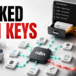 An n8n automation control room shows API keys escaping from a Git commit history drawer.