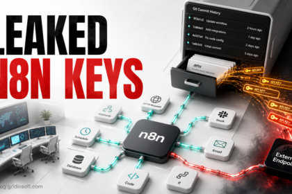 An n8n automation control room shows API keys escaping from a Git commit history drawer.