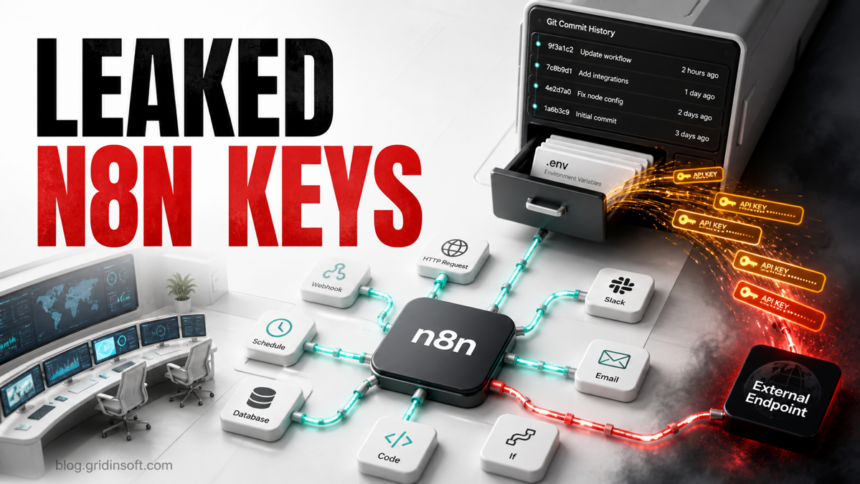 An n8n automation control room shows API keys escaping from a Git commit history drawer.