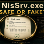 Magnifying glass comparing a legitimate signed NisSrv.exe process with a suspicious same-name copy.