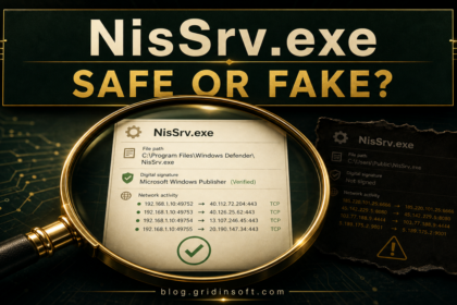 Magnifying glass comparing a legitimate signed NisSrv.exe process with a suspicious same-name copy.