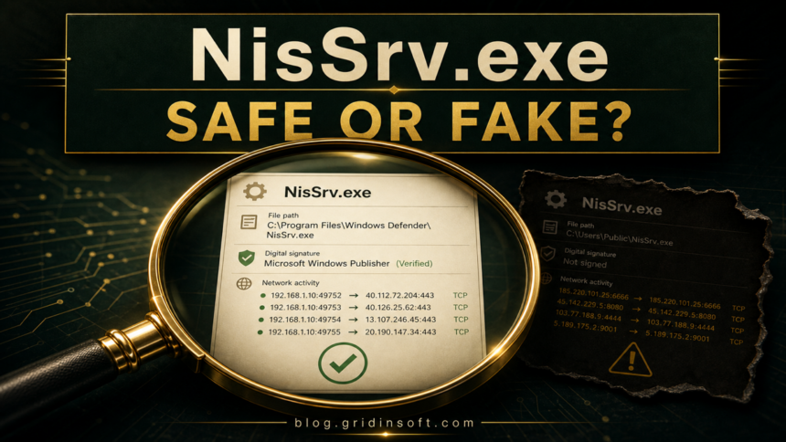 Magnifying glass comparing a legitimate signed NisSrv.exe process with a suspicious same-name copy.