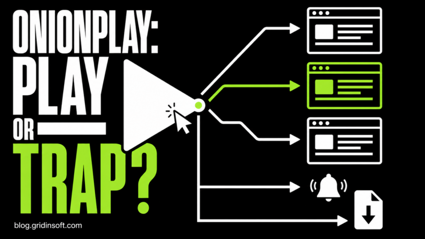 OnionPlay play button branching to browser windows, a notification, and a download.