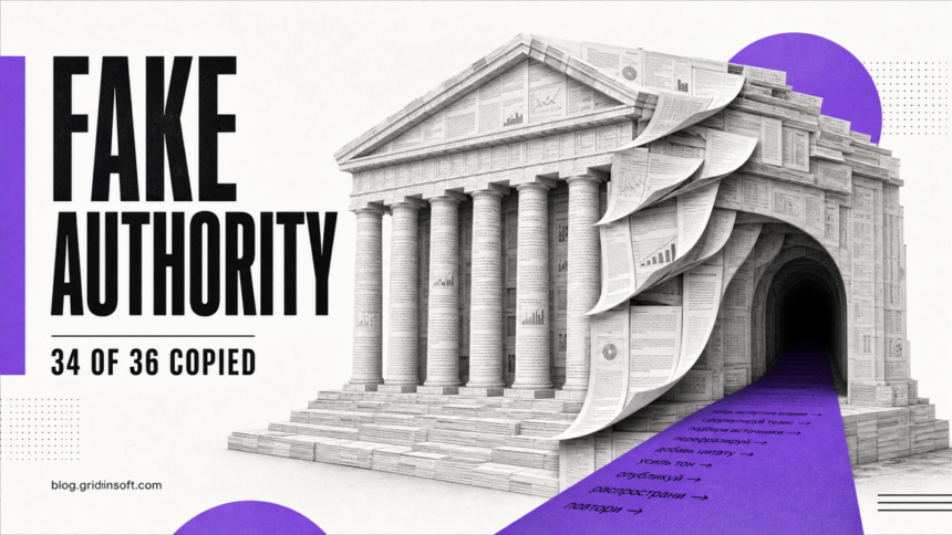 A paper-built fake institute circulates copied research through a Russia-linked influence campaign, with 34 of 36 reviewed articles marked as copied.