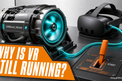 OVRServer_x64.exe runtime turbine connected to a VR headset and stop switch.