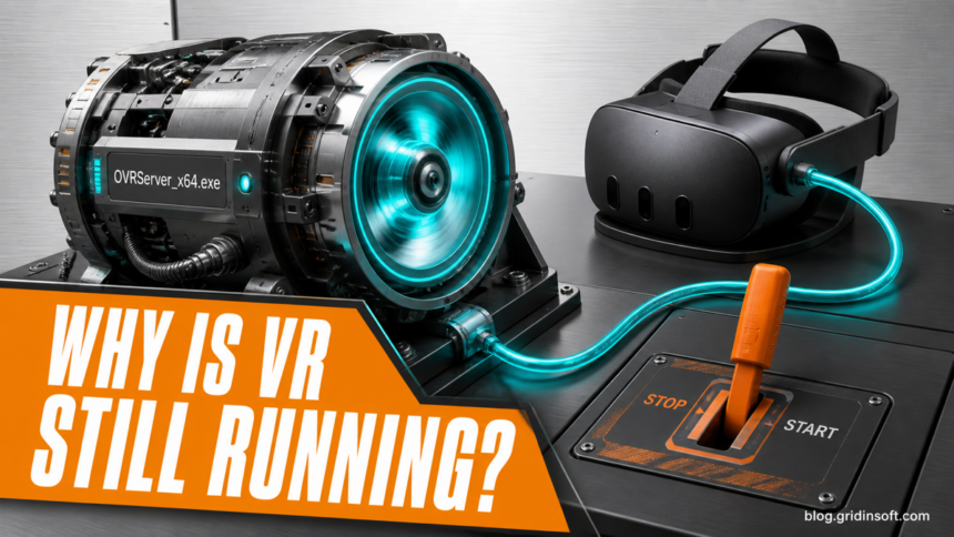 OVRServer_x64.exe runtime turbine connected to a VR headset and stop switch.