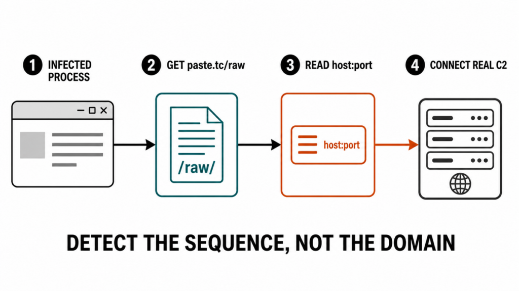 Diagram showing an infected process retrieving a Paste.tc raw page, reading a host and port, and connecting to the real C2.
