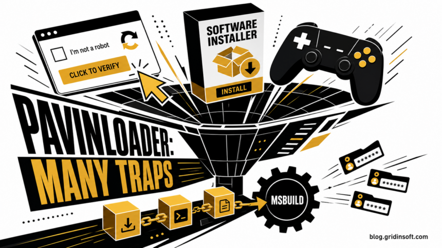 PavinLoader funnel drawing fake CAPTCHA, software installer, and game lures into one malware chain.