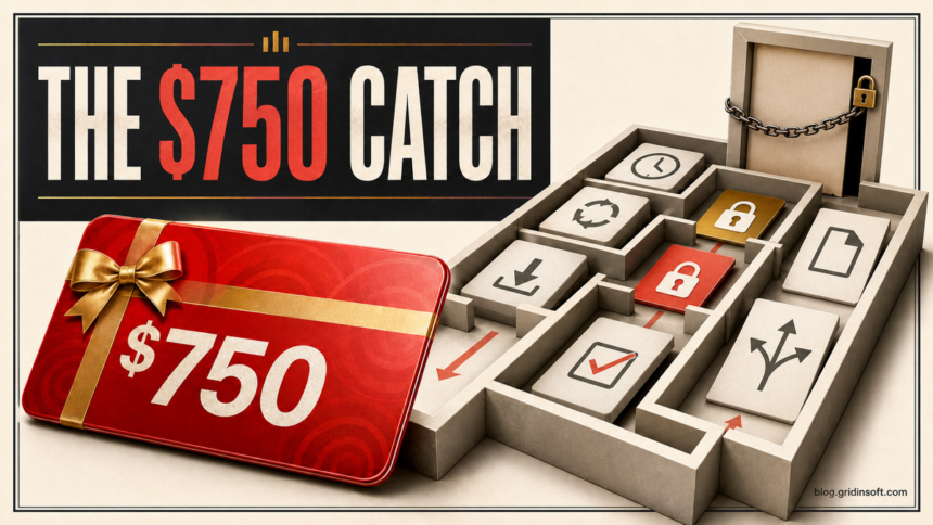 A $750 gift card entering a maze of partner offers, app installs, trials, and subscriptions.