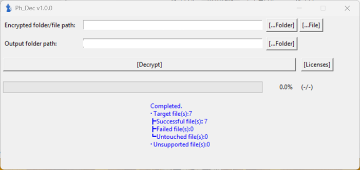 PhDec Decryptor Completed screen with successful and failed file counters.